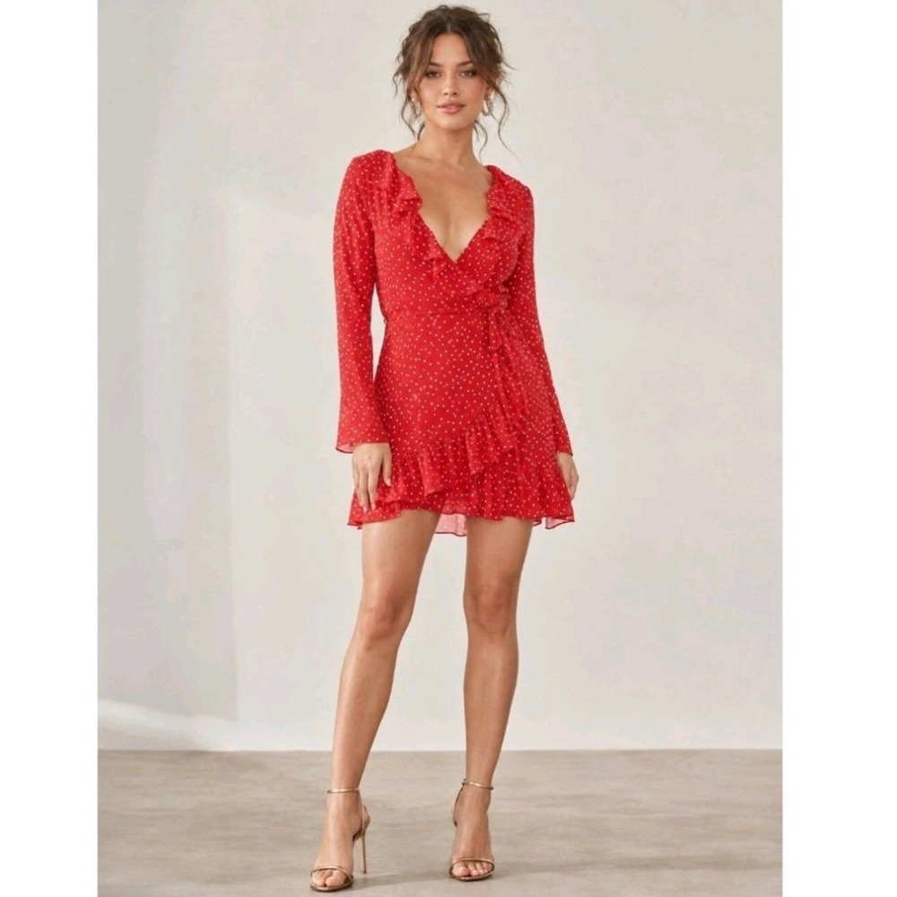 Realisation Par The Alexandra Red Star Silk Wrap Dress Small Long Sleeve Ruffle